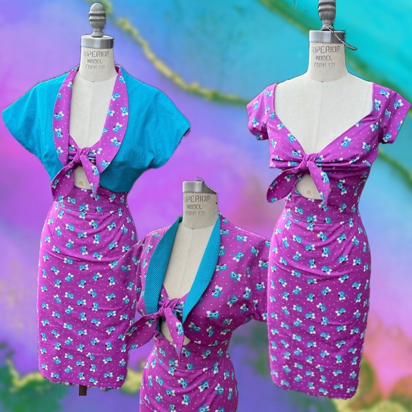Purple & Teal Floral Dot Keyhole Retro Pinup Wiggle Dress w/Reversible Bolero - Picture 1 of 11